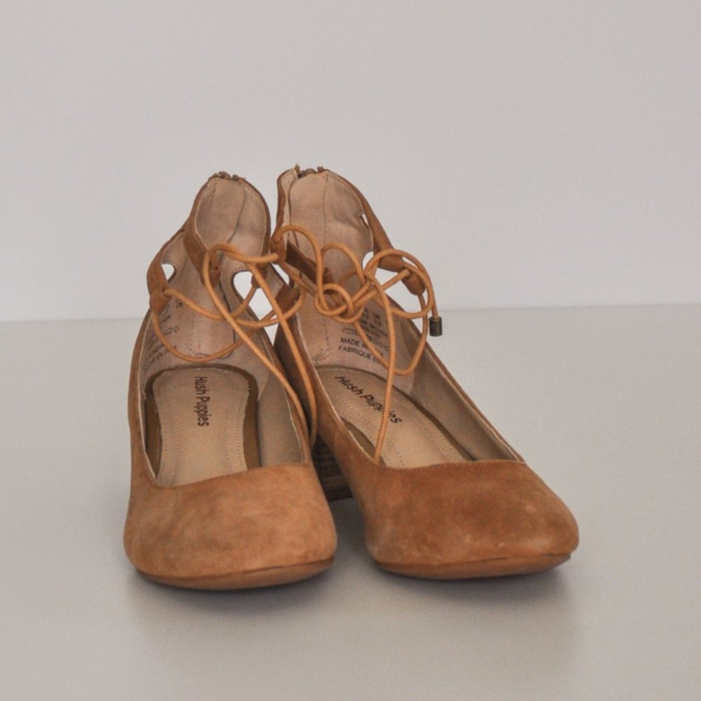 Hush Puppies Suede Ankle Strap Lace Up Nude Camel Block Heels Balletcore summer - Picture 5 of 7